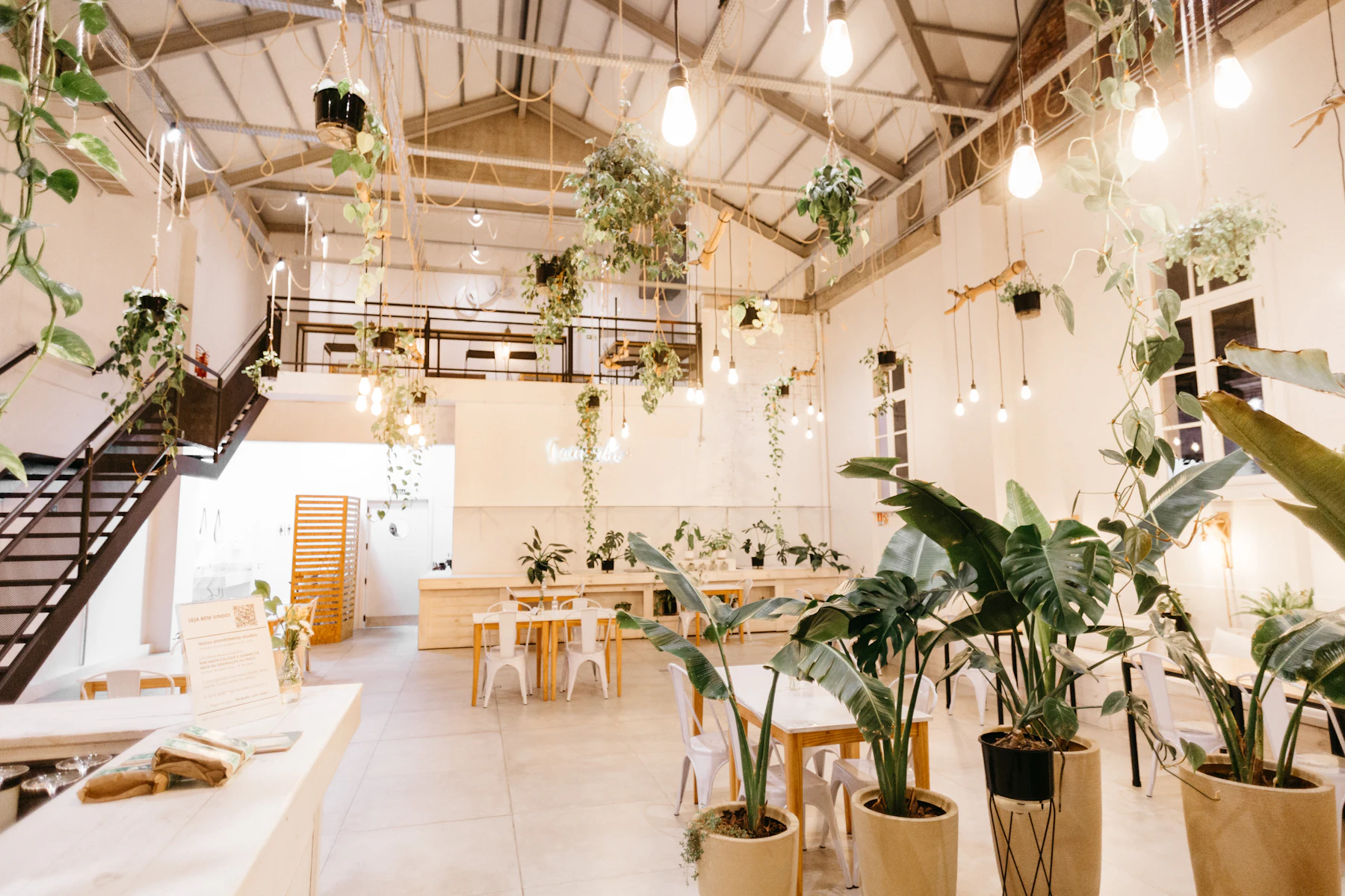 Interior amplio y luminoso del café con plantas, mesas blancas y luz natural entrando por ventanales